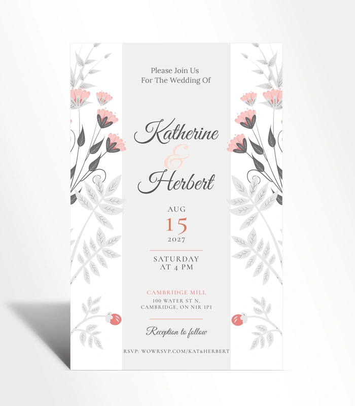 930 Coral and Grey Floral Wedding Invitation - Image 1
